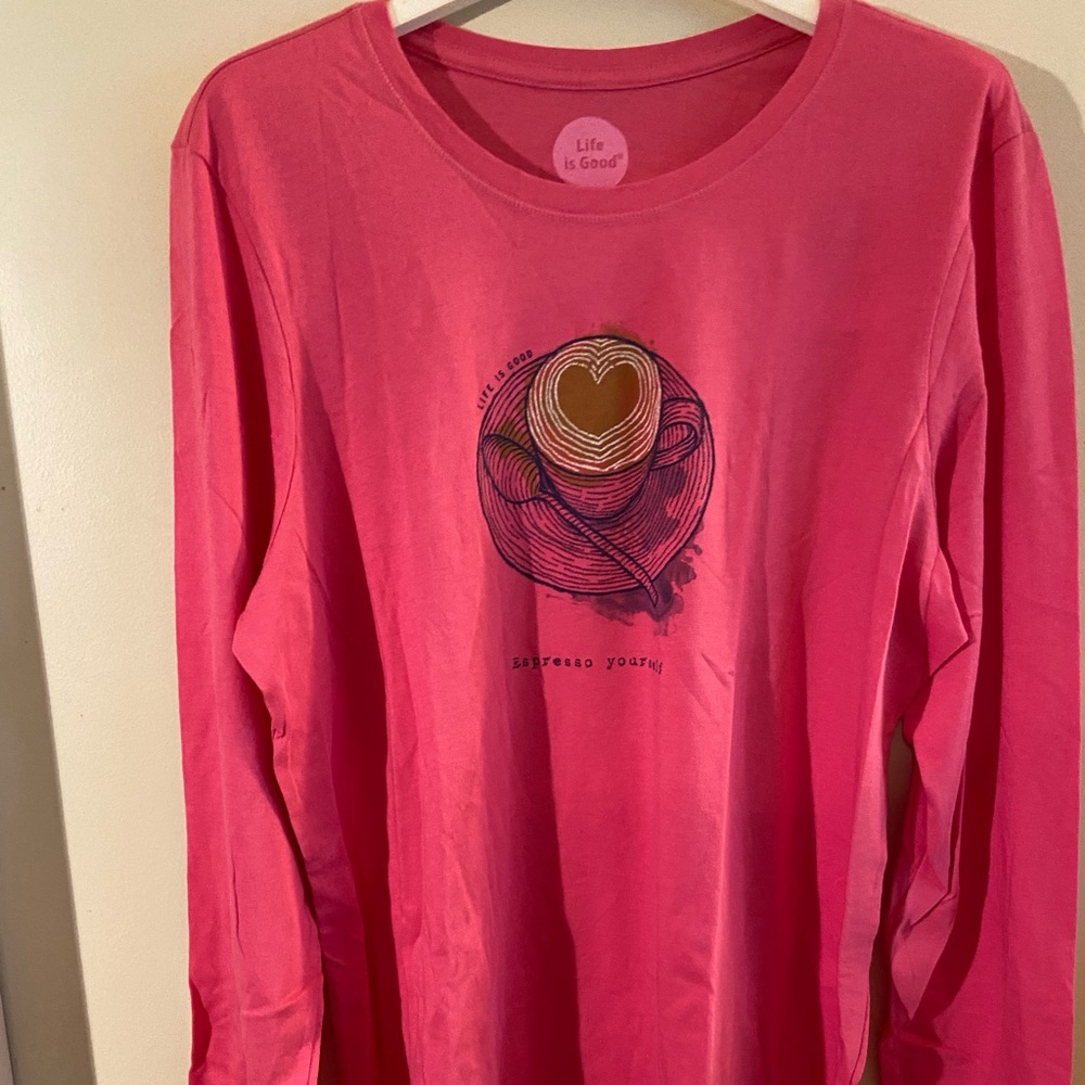 Life Is Good Hot Pink Long-Sleeve Tee with Coffee Heart Graphic